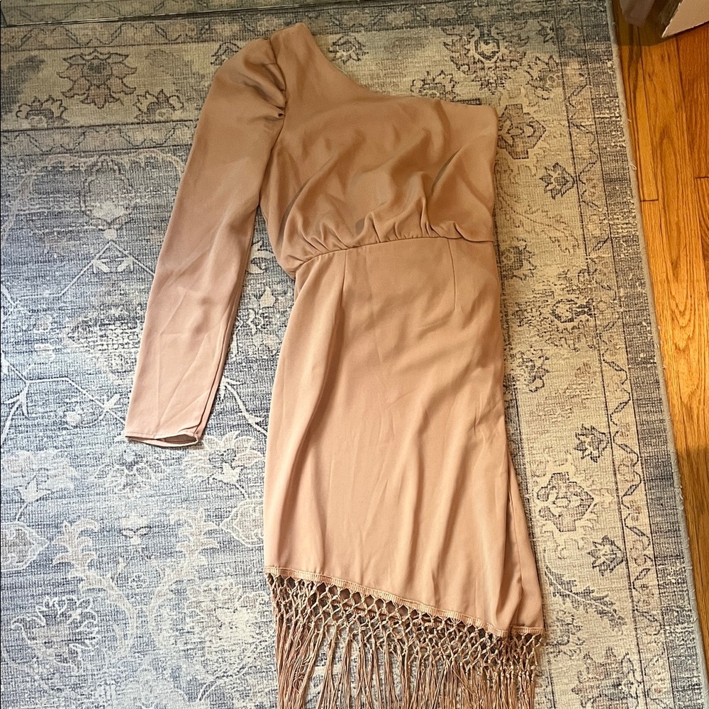 Lulus Elegant Tan One-Shoulder Fringe Dress